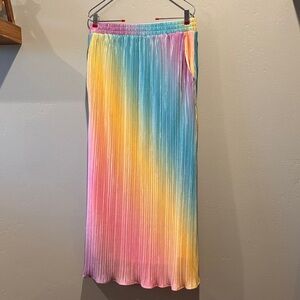 Dressed in LALA Pleated Rainbow Gradient Colorful Multicolor Maxi Satin Skirt